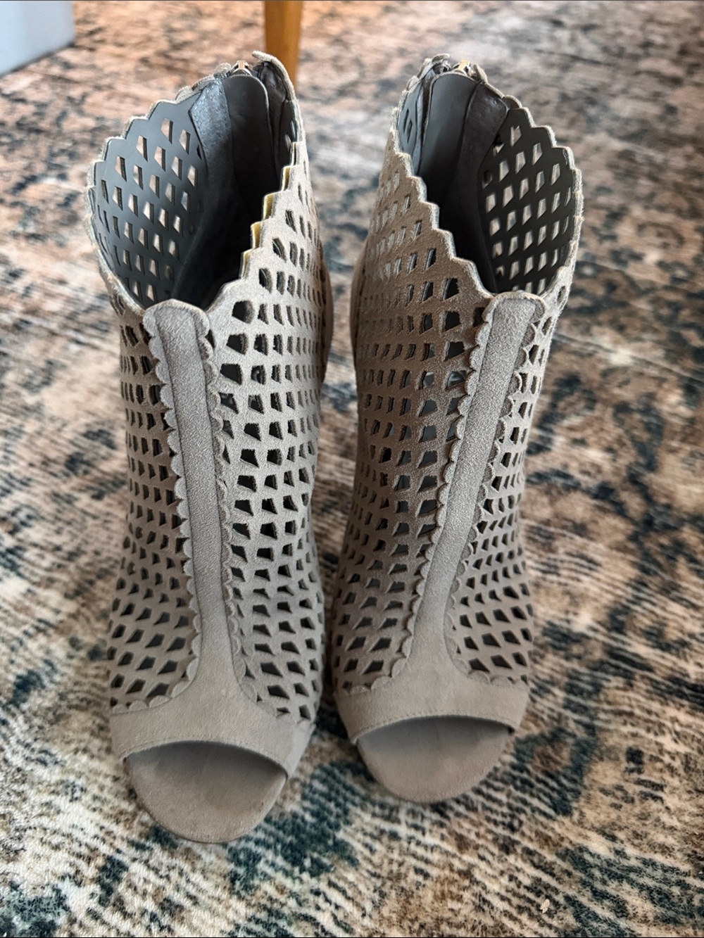 Grey Laser-Cut Peep-Toe Heeled Booties